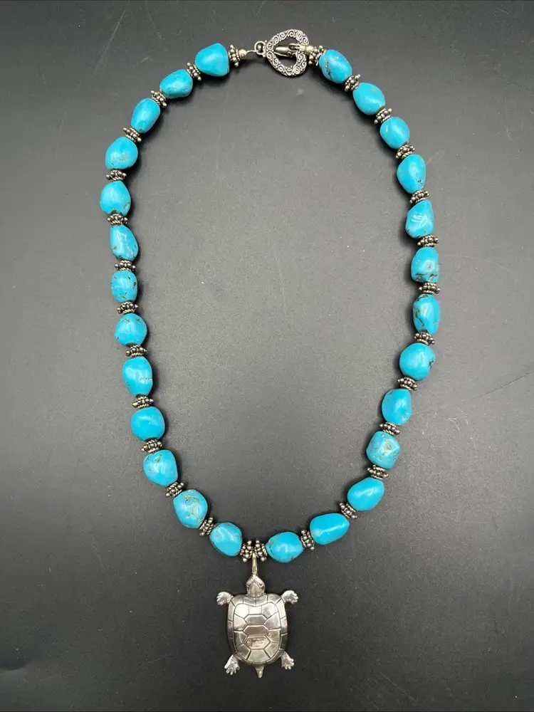 Heartland 925 Sterling Silver Turtle Pendant And Turquoise Necklace, Heart Clasp