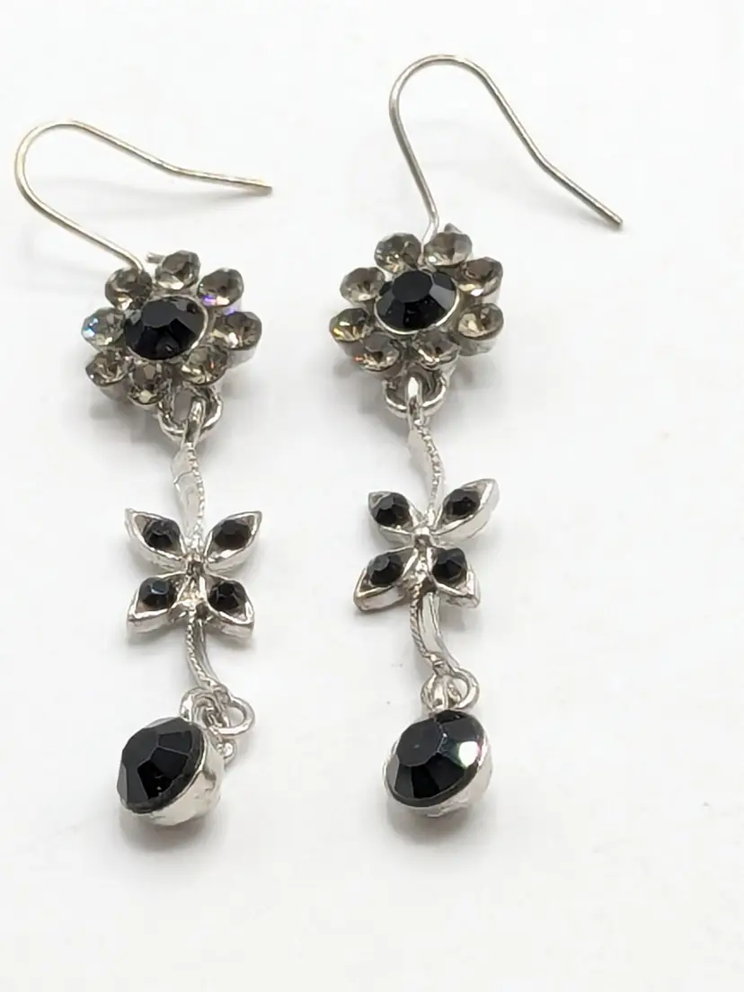 Black and Clear Rhinestone Flower Dangle Earrings