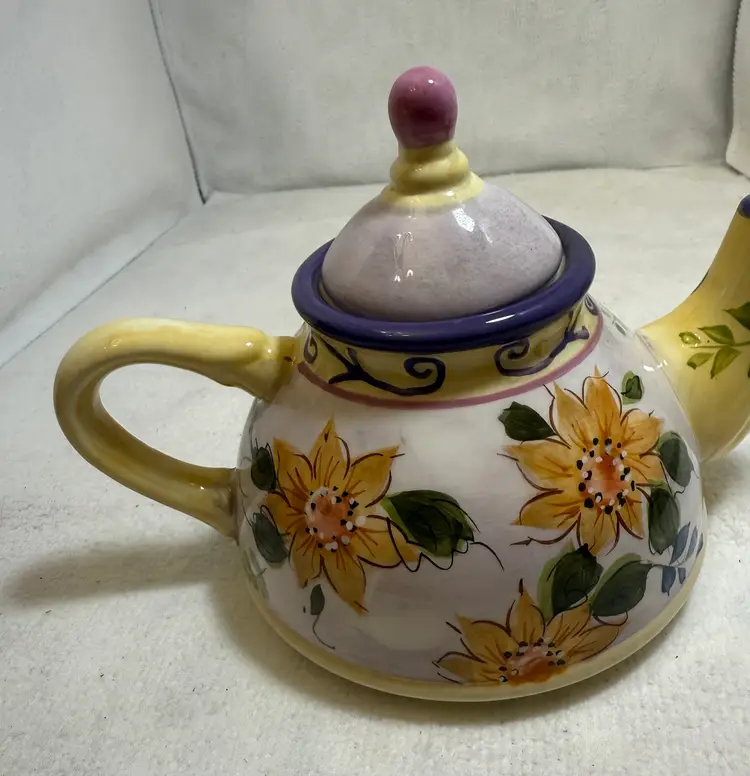 Vintage Personal Size Floral Ceramic Teapot with Yellow and Purple Accents
