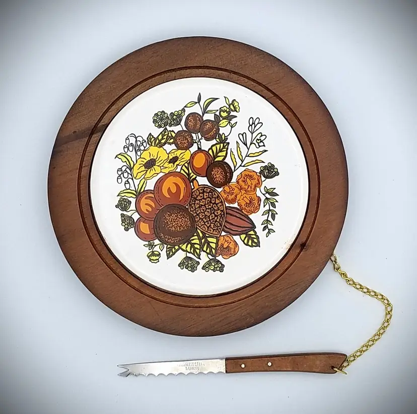 Vintage 1970s Towle Ceramic Cheese Board With Attached Knife, IOB