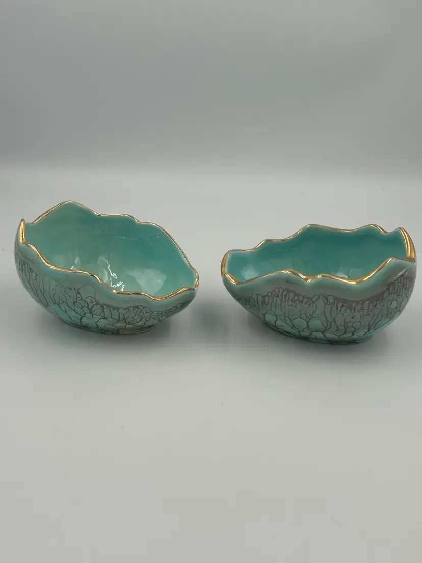 2 Vintage MCM Turquoise And Gold Egg Shaped Candy Dishes, Marked Holland
