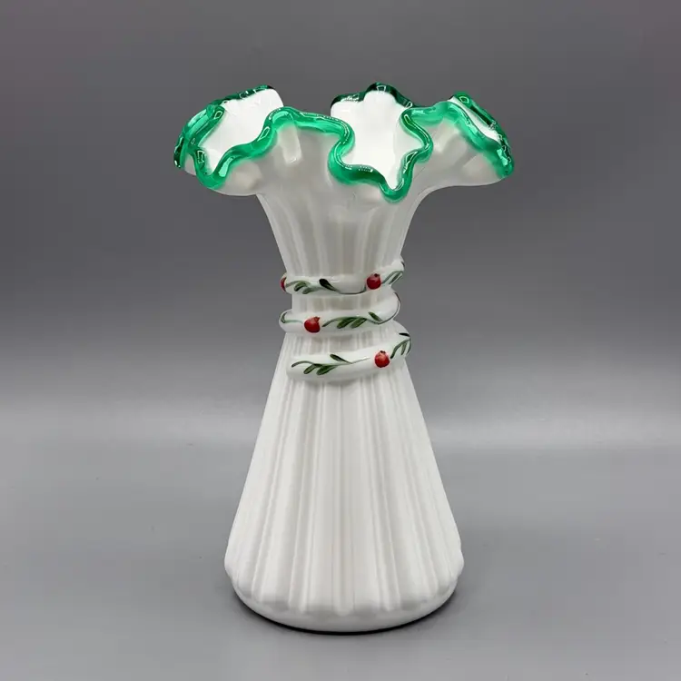Fenton Emerald Crest Wheat Vase Leaf & Berry Milk Glass Painted by D Cutshaw