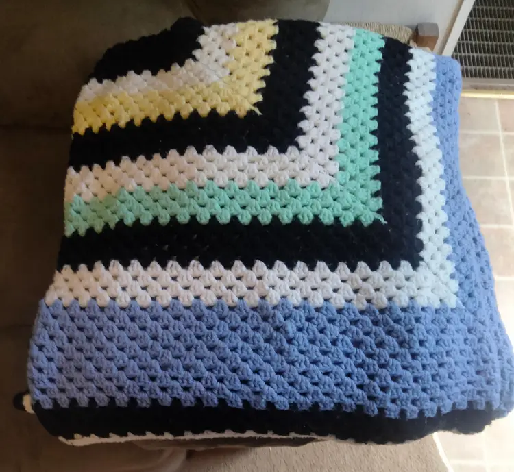 Vtg. Large Square Crochet Afghan 
Yellow/White/Black/Turquoise 
89" X 88"