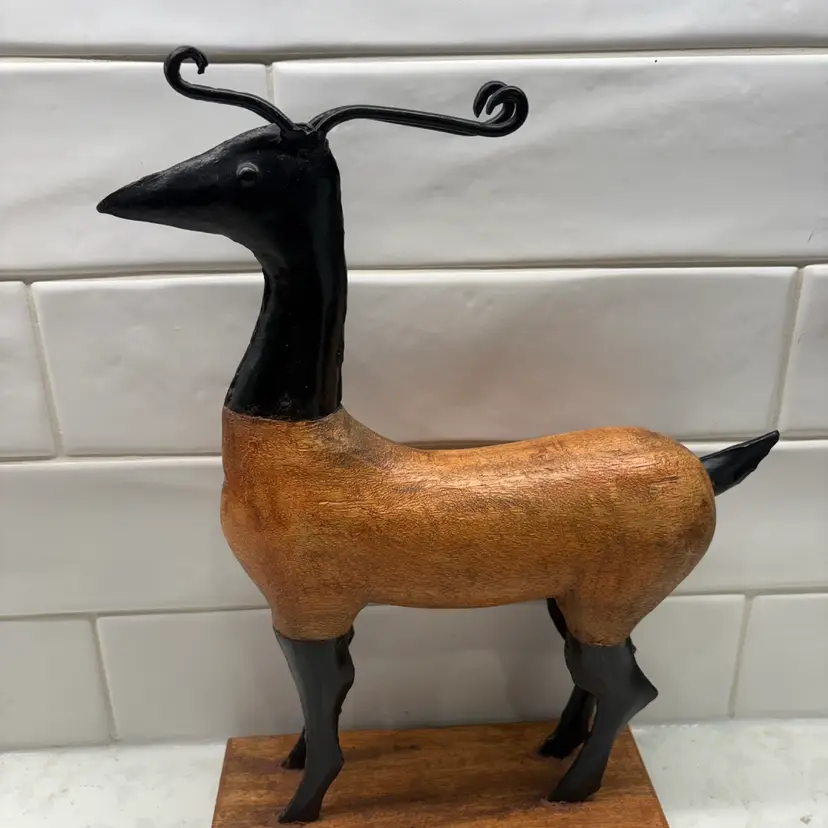 Vintage Wood & Wrought Iron Deer Sculpture Made in India 12" MCM