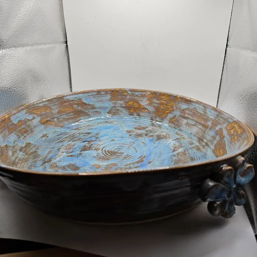 Studio Art Pottery Serving Bowl centerpiece with floral applied design