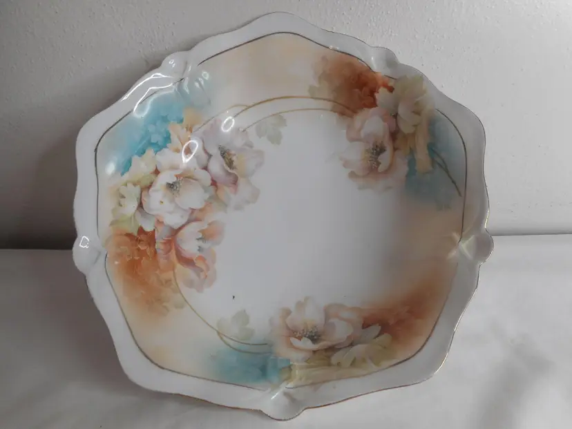 Floral RS Germany Bowl 10 sided Art deco gold trim Blue Brown