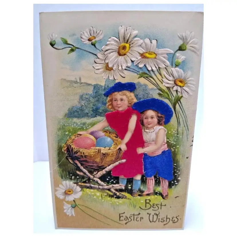 Easter Postcard Fantasy Giant Eggs Victorian Children Silk Clothes Germany