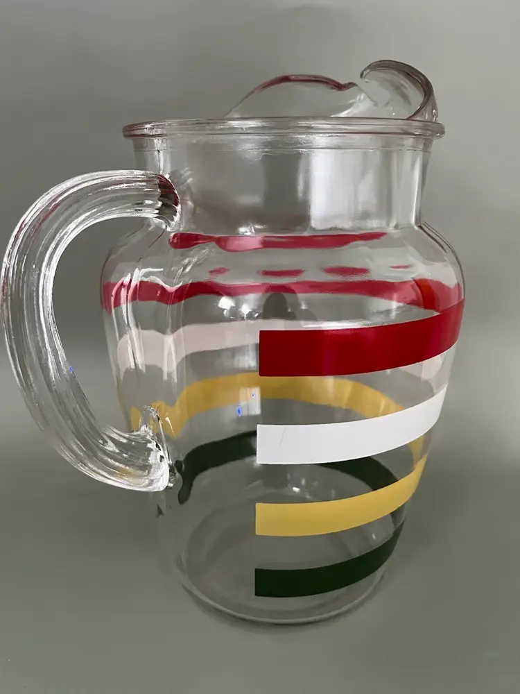Vintage Anchor Hocking Fiesta Stripes Pitcher: Multicolored Glass Ice Lip