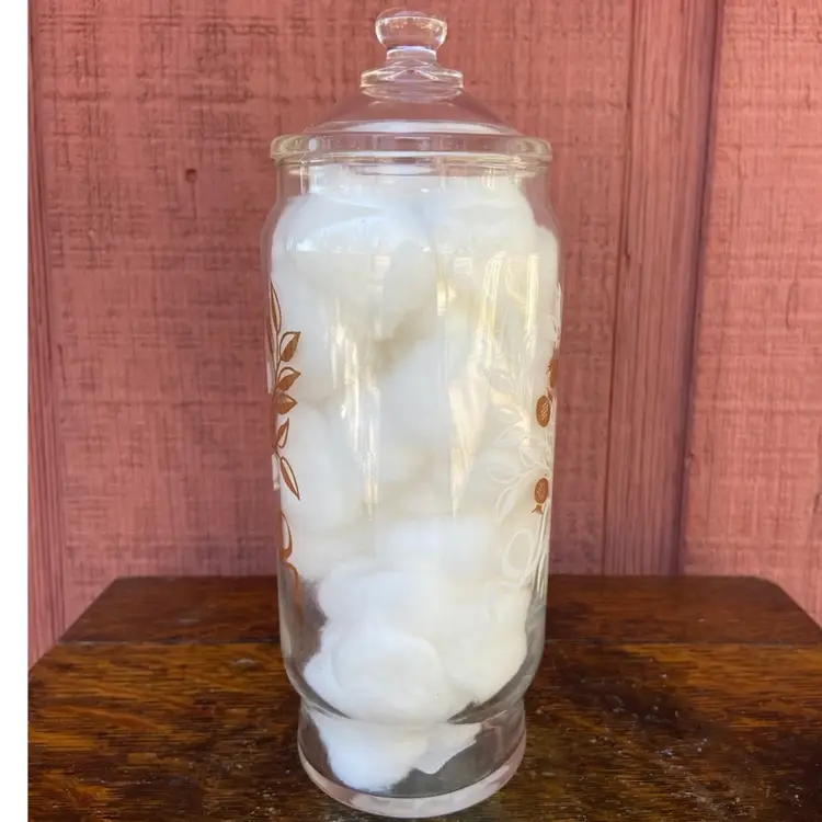 Clear Glass, Lidded Apothecary Jar. White & Gold Floral Decoration. 8”h. Unmarked.