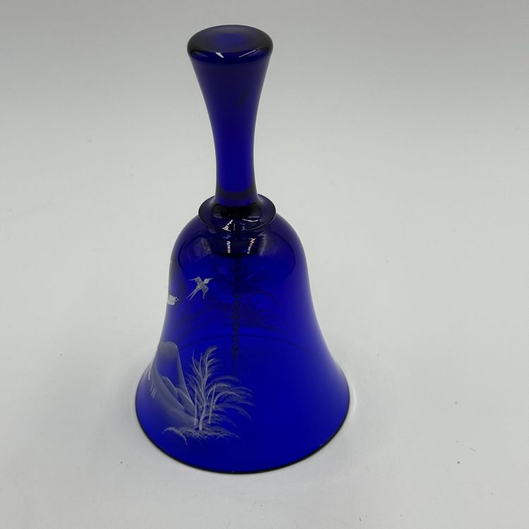 Mary Gregory Style Cobalt Blue Vintage Glass Bell Hand Painted Boy With Bird