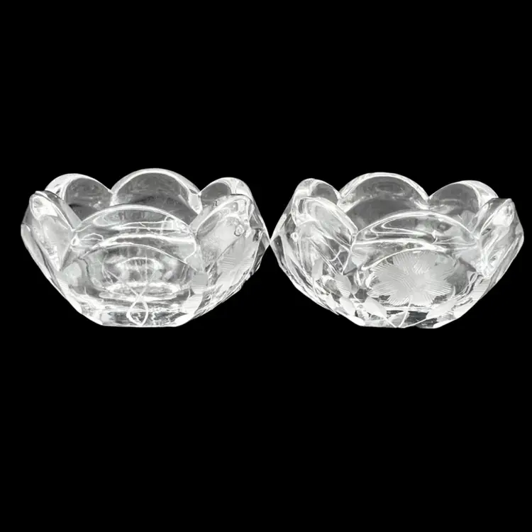 #258B Vintage Pair Of Beautiful Etched Glass Salt Cellars With Scalloped Rim - UV Glow!