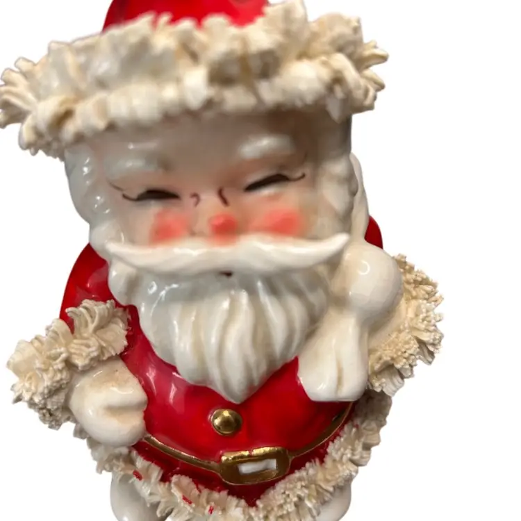 Napco Spaghetti Trim Ceramic Santa With Bag # S267 Partial Sticker Very Good Condition @6 1/2” Tall Some Crazing
