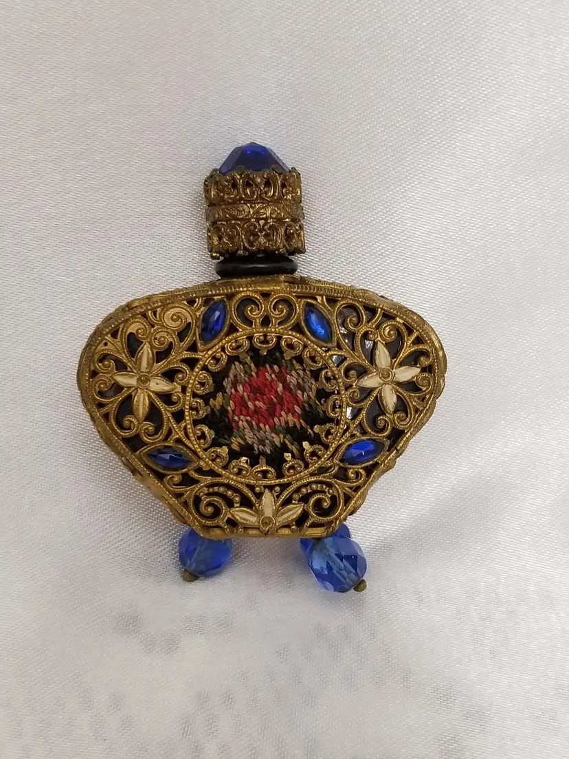 #139 Vintage IRICE Jeweled Filigree Petit Point Perfume Bottle with Dauber