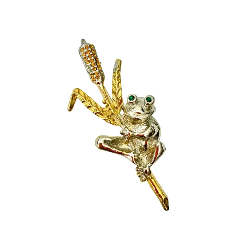 Vintage Frog Brooch On Cattail *read