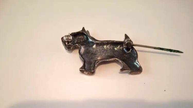 Vintage Jezlaine Signed Sterling Silver Scottie Dog Blue Rhinestone Collar Pin