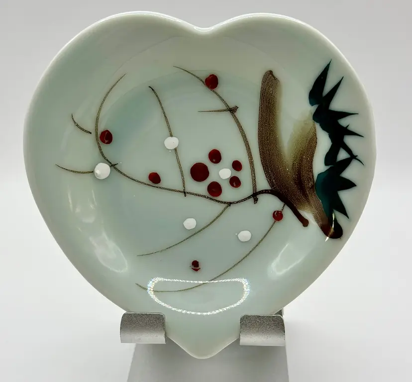 Vintage Hand-Painted Art Glass Heart-Shaped Trinket Dish, Cherry Blossom Design, Abstract Design, White & Red, Collectible, Unbranded, Made In Japan