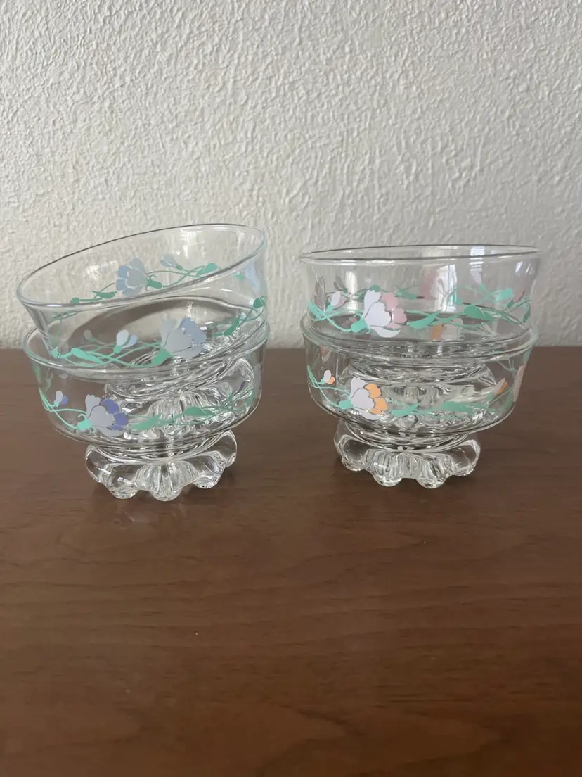 Vintage Glass Pastel Floral Footed Dessert Bowls Set Of 4