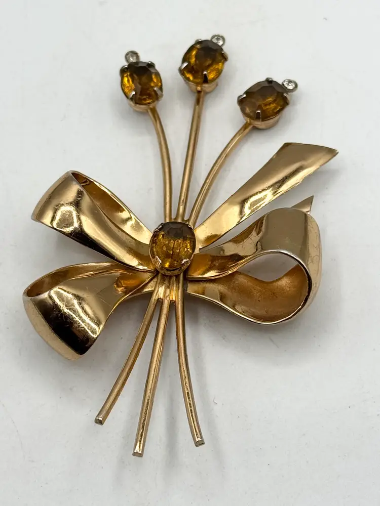 Vintage Coro citrine glass rhinestone flower brooch pin
