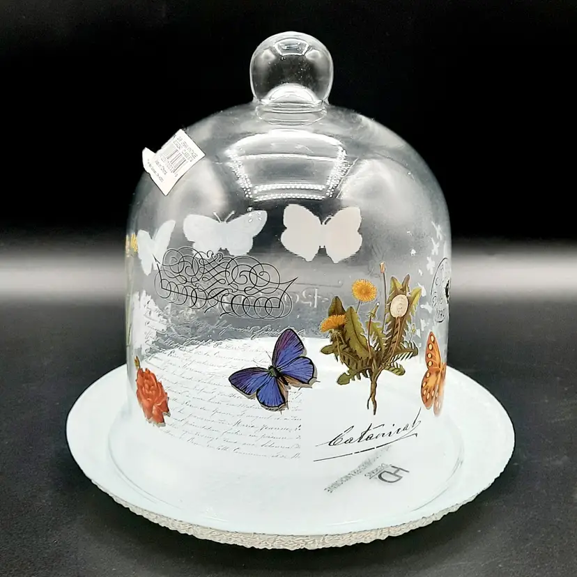 Glass Dome Cloche Butterflies Botanical Script by HD Designs