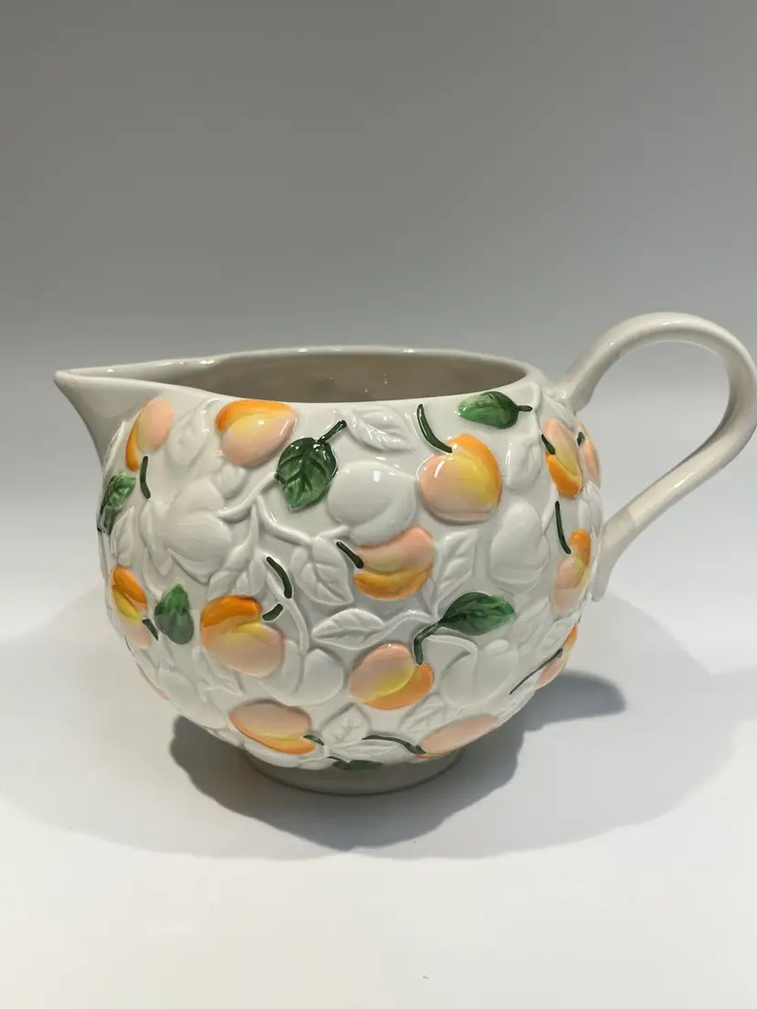 Claire Burke- 🍑Embossed “Summer Peaches”- Vintage Cottage Core-Ceramic Pitcher - 5.5” Tall, 8” Spout to Handle