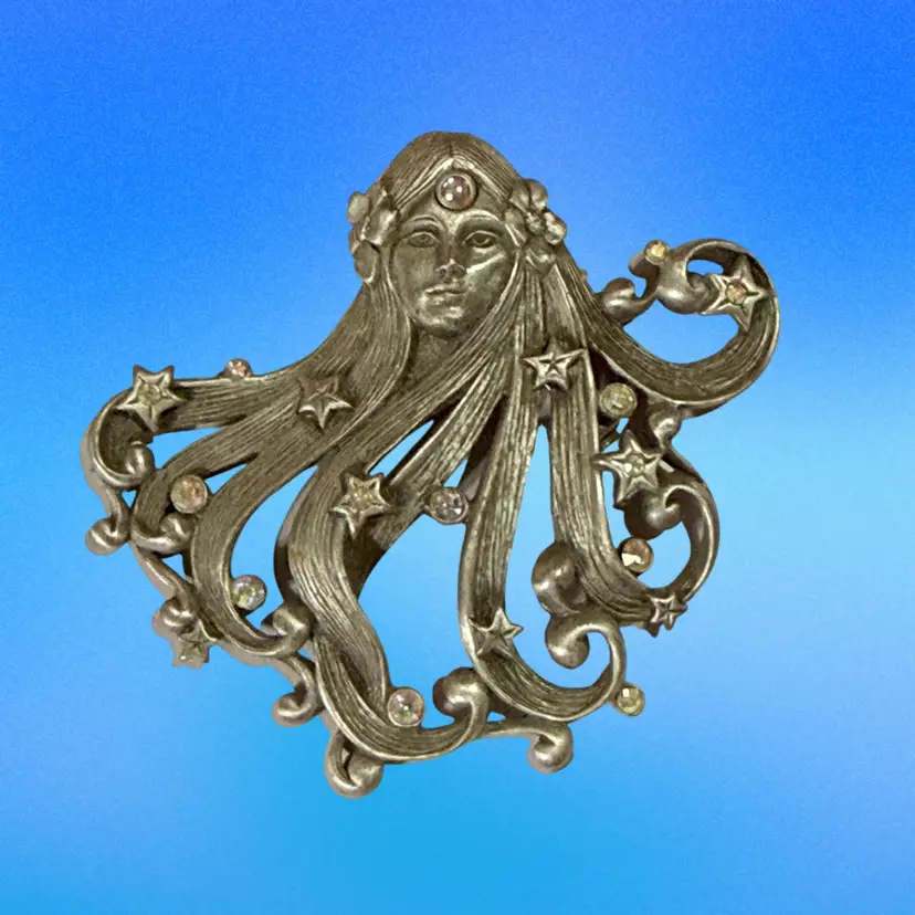 Vintage Signed JJ Art Nouveau Style Flowing Hair Mystical Woman AB Flowers Stars Boho Pewter Brooch
