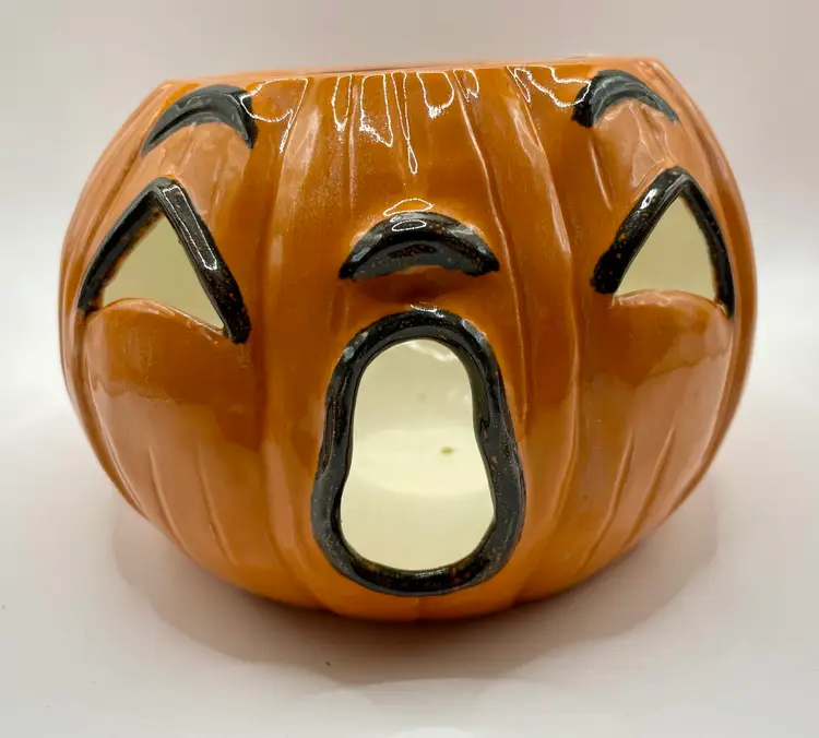 VTG Halloween Jack O Lantern Candle Holder 2 Faced Sided Scary & Shocked Ceramic