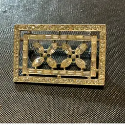 Art Deco Nanette, Round, And Baguette Set Clear Rhinestones Bar Brooch.