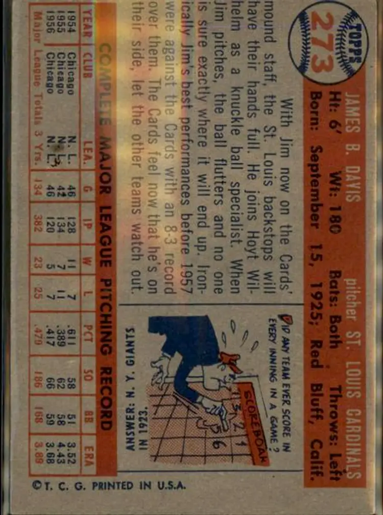 1957 Topps #273 Jim Davis - ( pk1 ) - St. Louis Cardinals