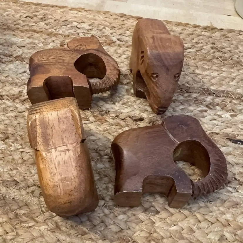 Vintage Hand Carved Wooden Elephant Napkin Rings