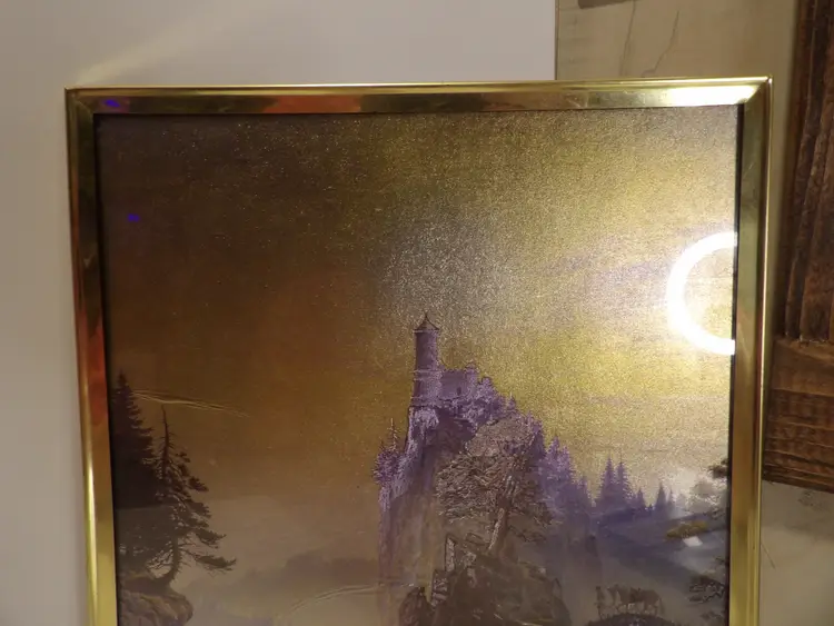 * Vintage Framed Lenticular Castle on Mountain Made in USA #6156