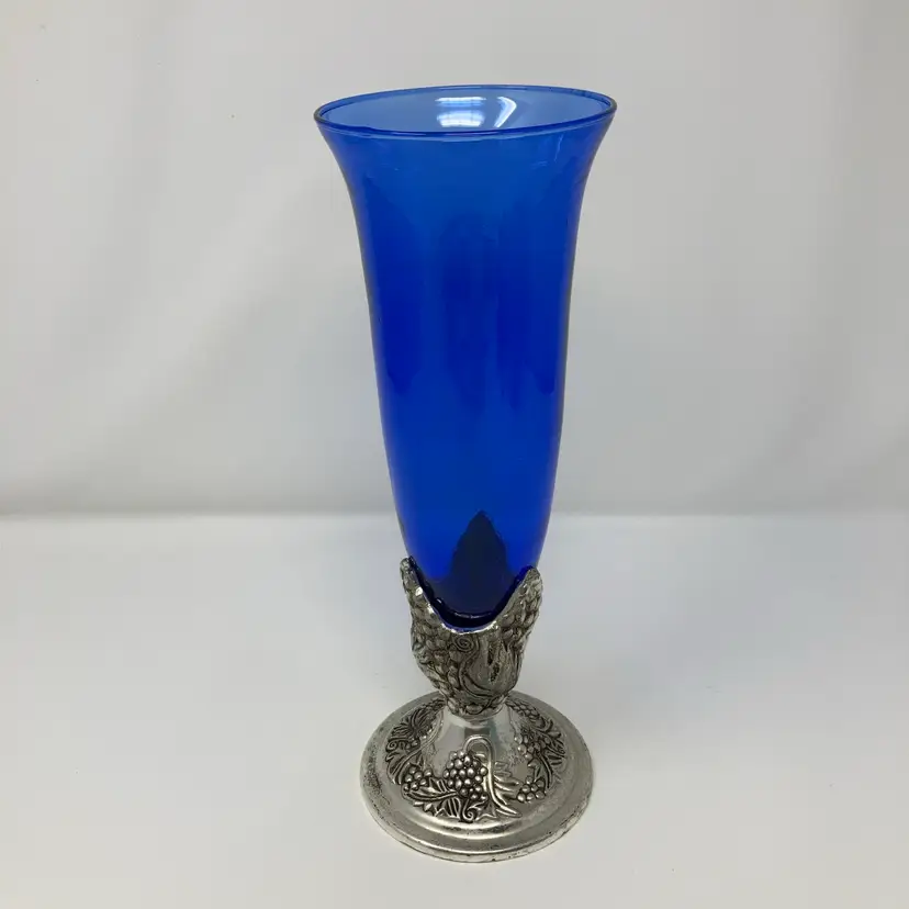 Vintage 10 1/2” Tall Novel Collection Cobalt Blue Vase! Silverplated Base with Grapes and Vines!