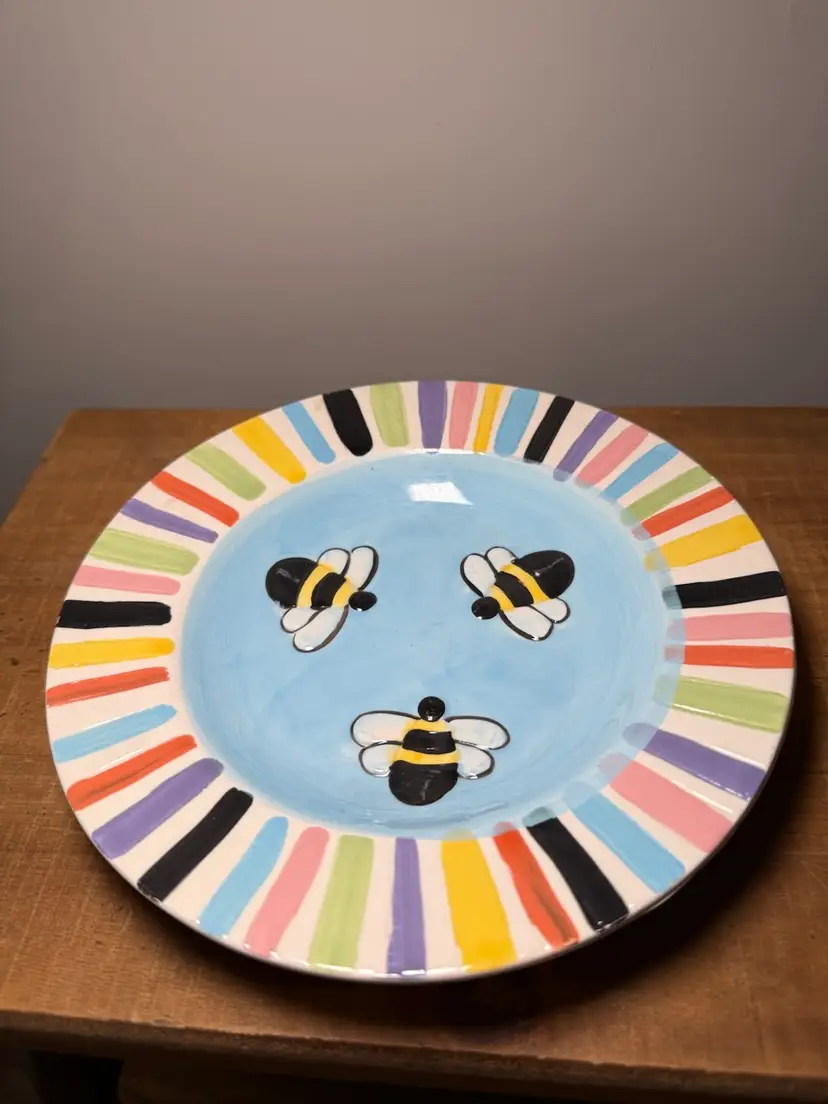 Essentials by Home Hand Painted Bee Ceramic Plate with Rainbow Border