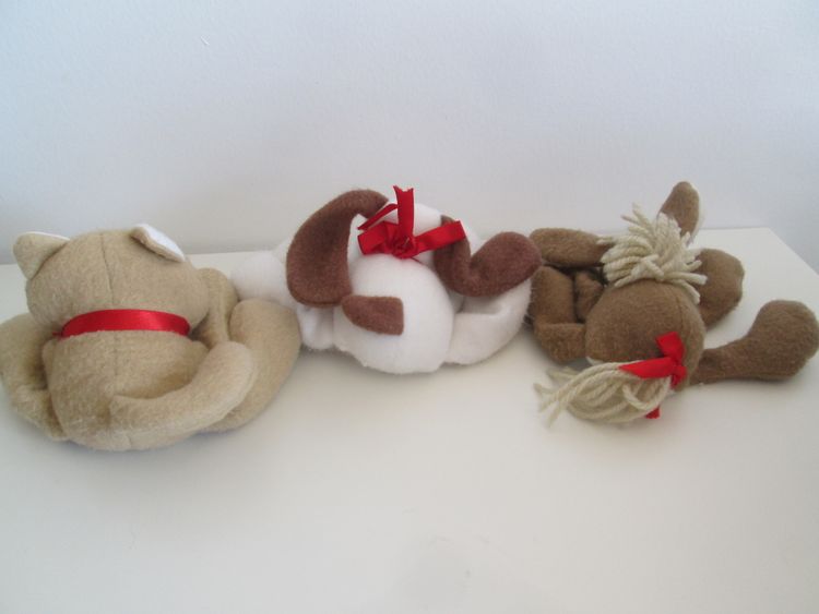 1985 Set of 3 Hallmark Floppy Friends Callie Cat, Archie Dog and Dickens Donkey
