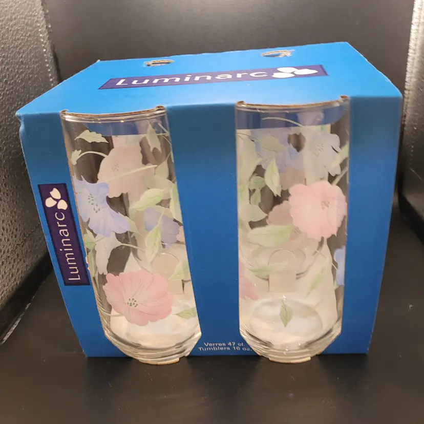Set of 4 Luminarc 16 Oz. Glasses/Tumblers Floral Design Pink/Blue