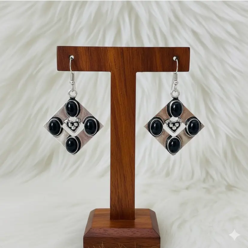 Silver-Tone Black Cabochon and Heart Earrings