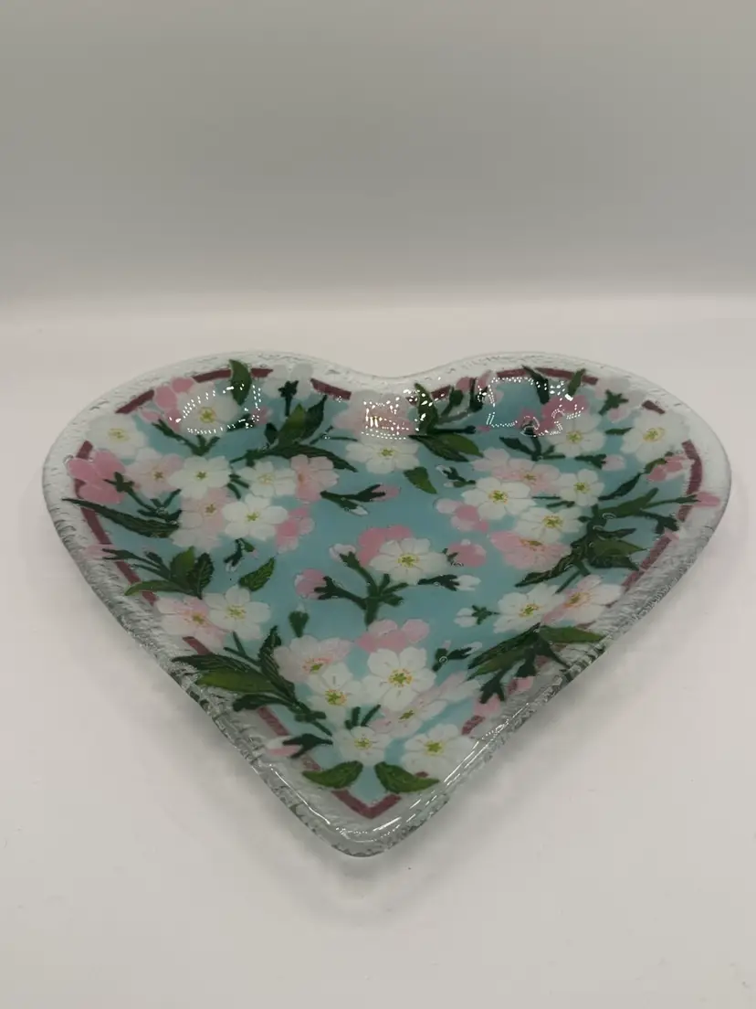Peggy Karr Fused Art Glass Heart-Shaped Dish With Cherry Blossom Design - Signed