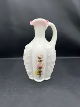 Fenton Rose Peach Blow Cased Small Pitcher Satin Glass For LG Wright, Hand Painted Roses, Vtg Fenton Art Glass