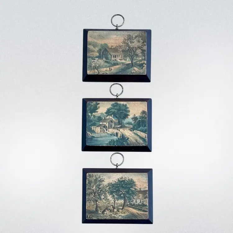 Set Of Three Vintage Seasonal Plaques Wood With Lithograph