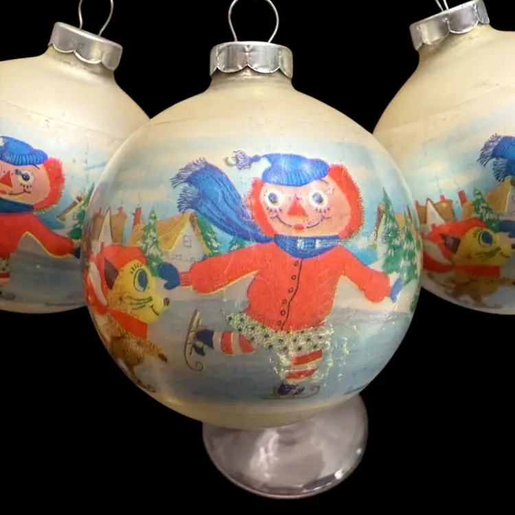 Corning Glass Works for Bobbs-Merrill Co - Raggedy Anne and Andy vintage Christmas ornaments set of three- 1973