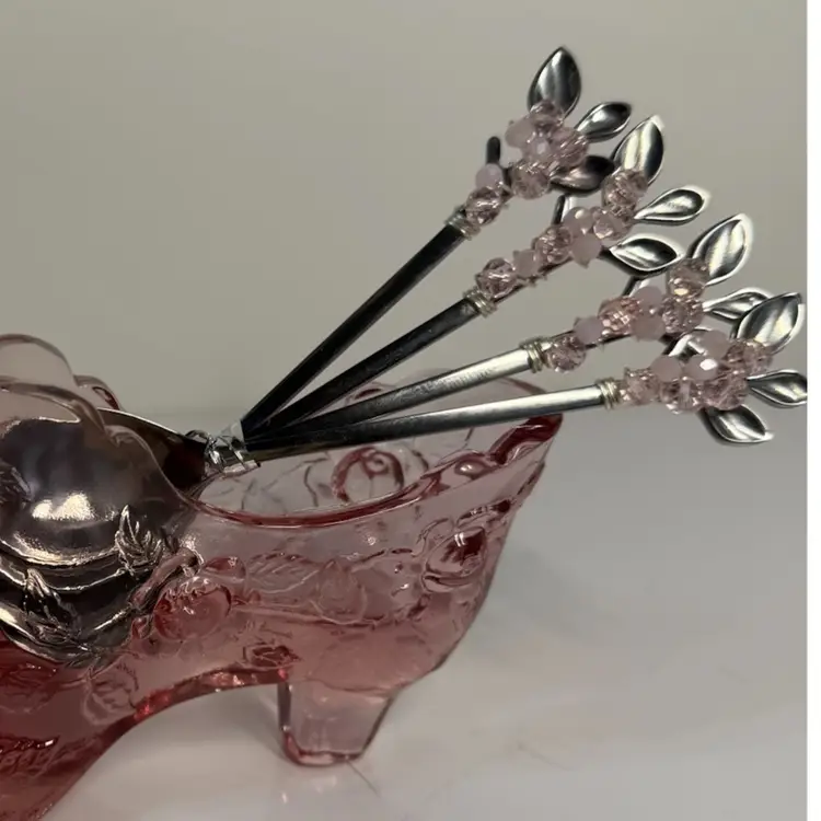 Set Of Spoons: Pink Beads Fenton Dusty Pink Glass Pieces