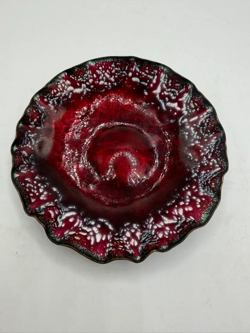 Edward Winter Signed hammered copper enameled bowl dish MCM Vintage