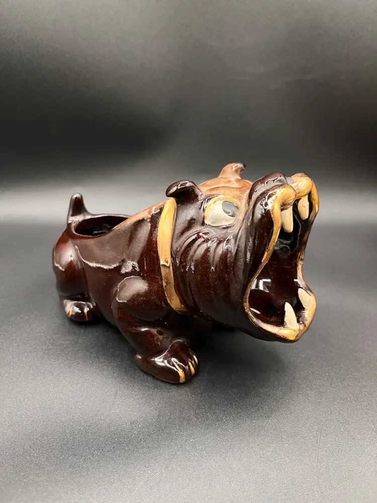 Japan Open Mouth Dark Brown Pottery Bulldog Planter Etc…6.5” 🐕