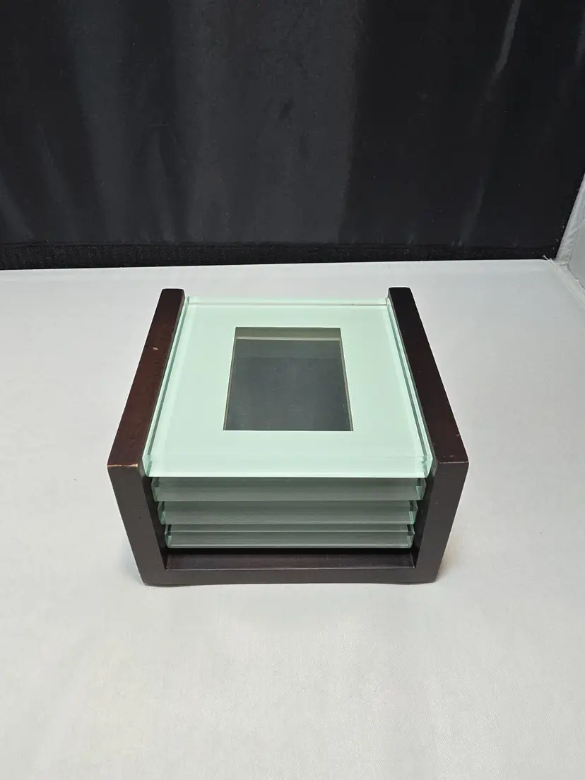 Vintage Crate & Barrel Swing Glass Coaster Set Wood Holder Photo Insert (AB)