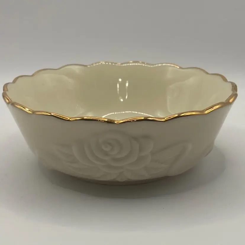Lenox “Rose Blossom” Embossed Candy Dish With Gold Trim, 2” X 4 1/2”, Porcelain
