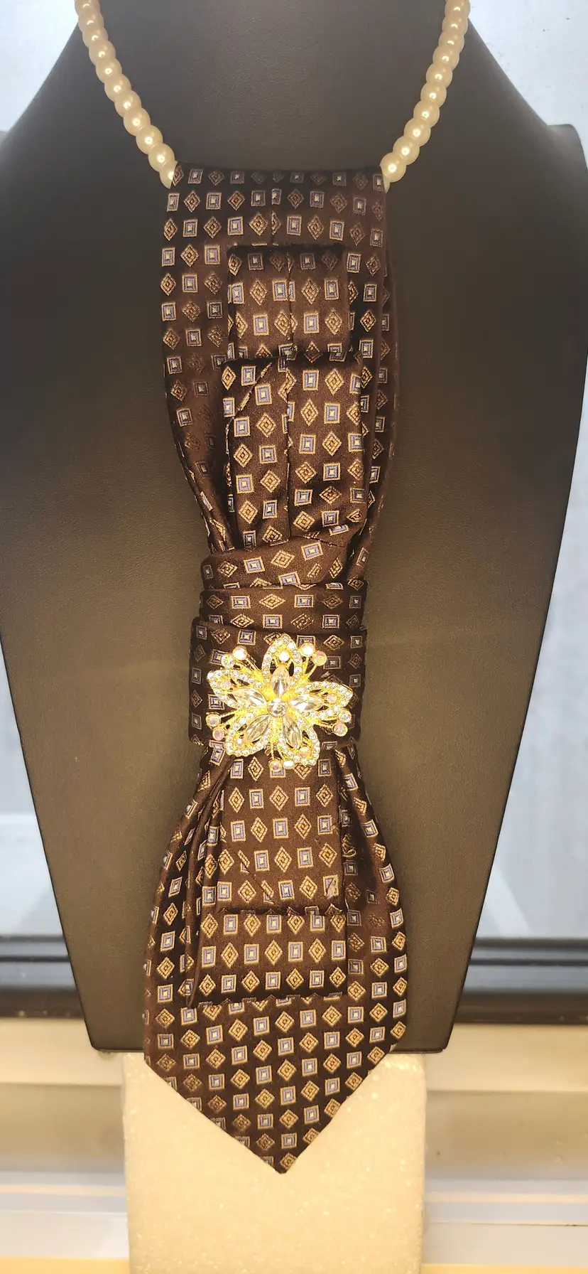 Upcycled Vintage Brown Geometric Tie Necklace with Brooch