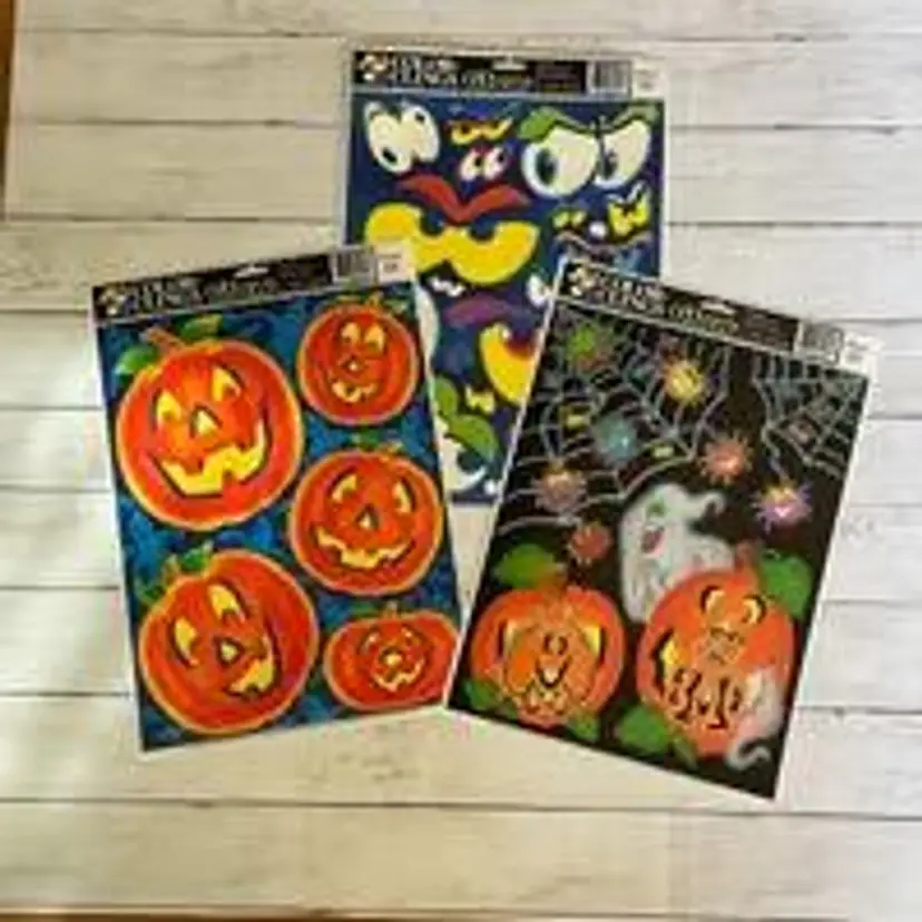 Vintage Halloween Fall Window Clings Decals Glow-in-the-Dark Pumpkins Scary Eyes