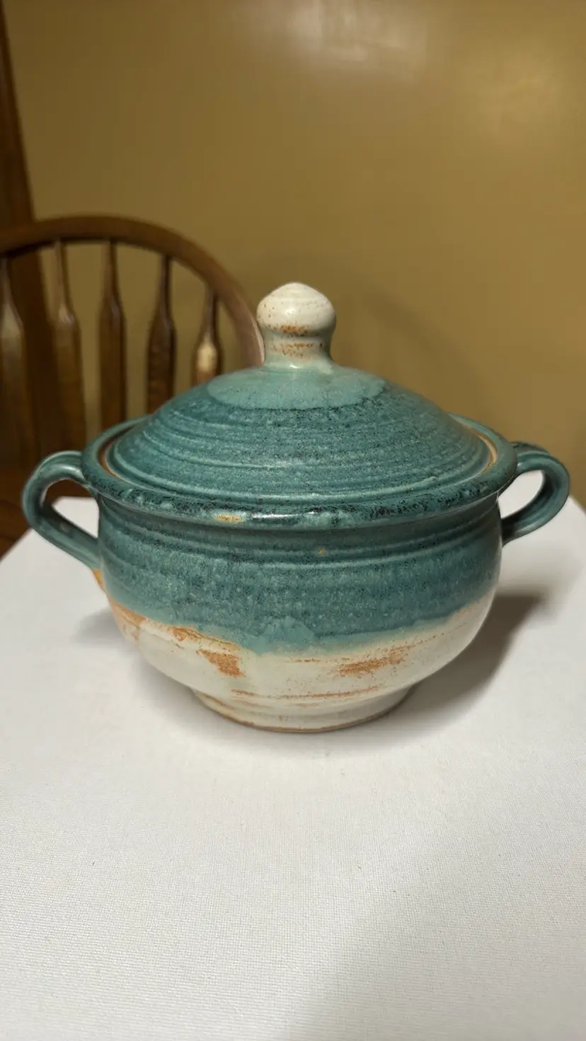 LoveJoy Stoneware Pottery Lidded Handled casserole beige and turquoise 7.5” diam