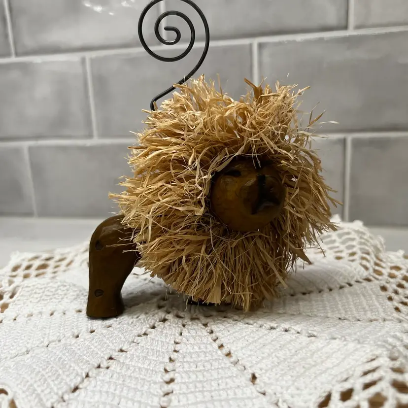 Handmade Wooden Lion picture/card holder, vintage handcarved lion