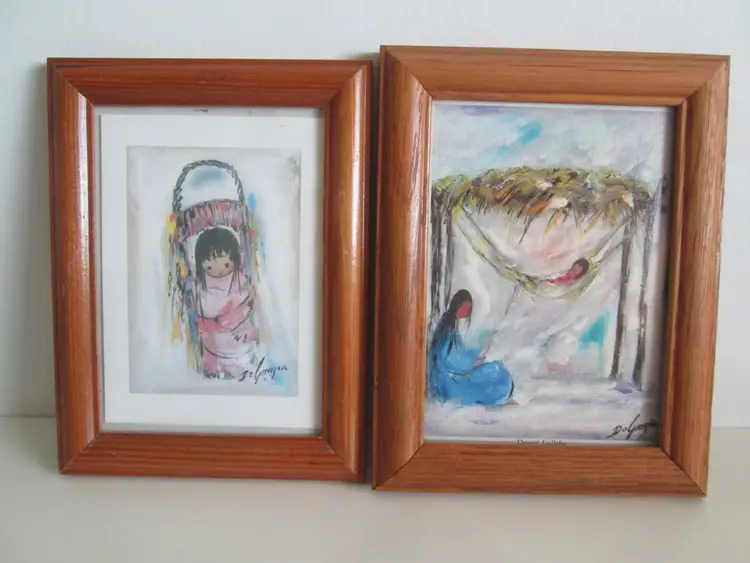 Set of 2 Vintage DeGrazia Southwestern Framed Art Pink Papoose + Desert Lullaby