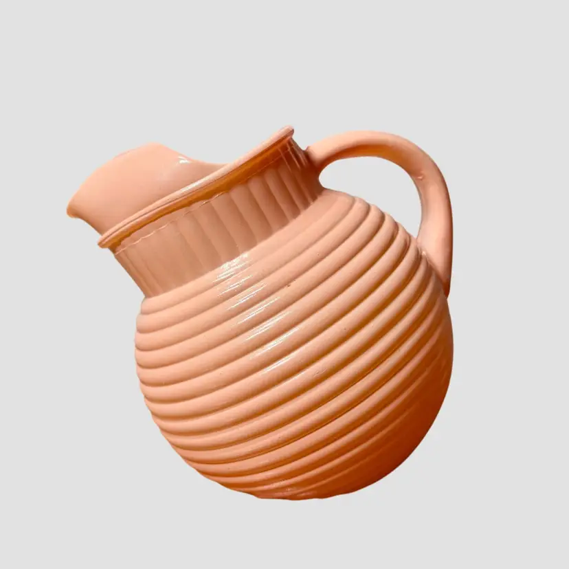 Vintage 50’s MCM Pink Anchor Hocking Small Ribbed Glass Tilted Pitcher, READ